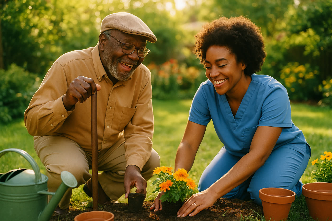 An older man and a caregiver planting flowers together in the garden
