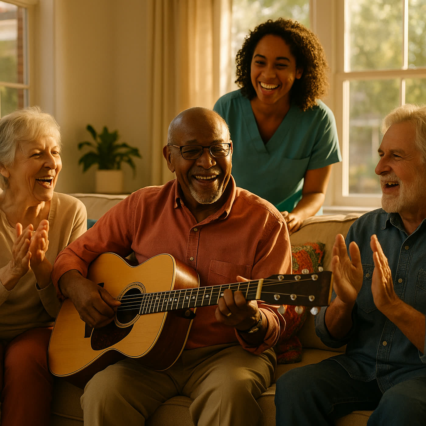 Residents and a caregiver singing along to an acoustic guitar in a bright living room