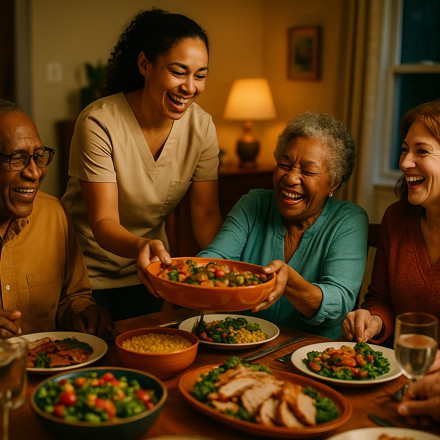Residents and a caregiver sharing a home-cooked dinner around a full table