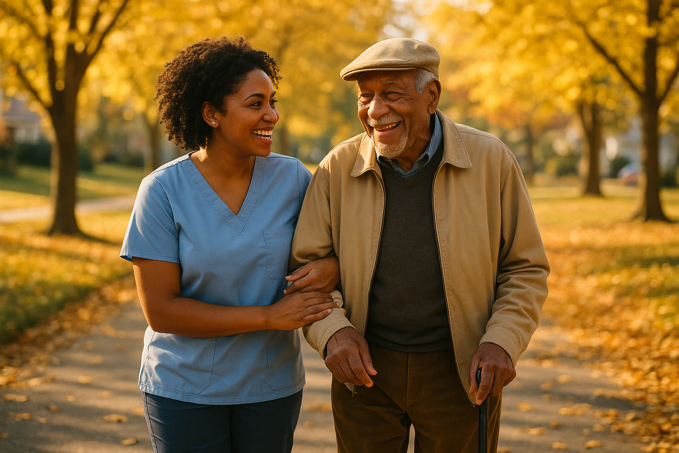 A caregiver walking arm in arm with an older man along a tree-lined path