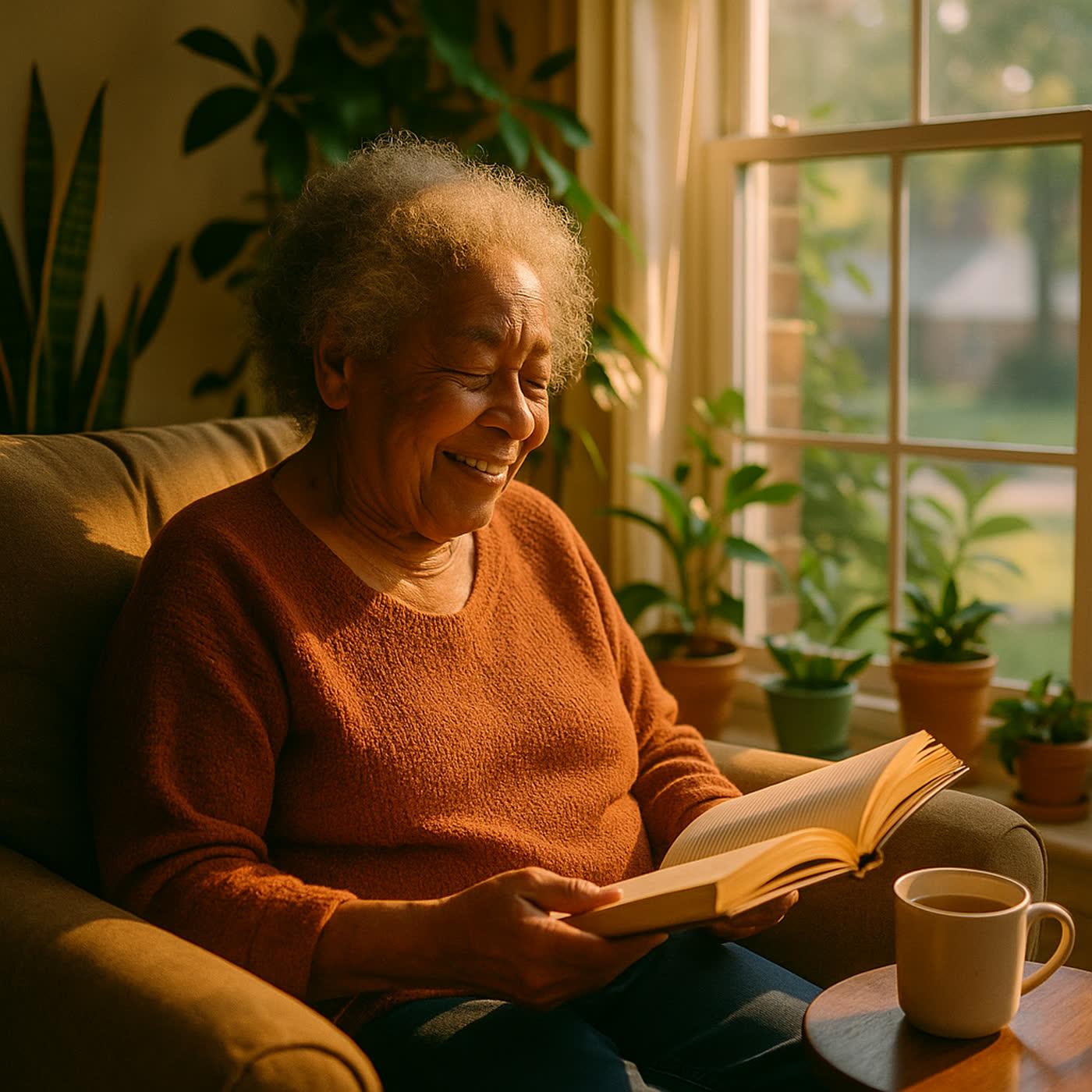 An older woman reading by a sunlit window with a cup of tea beside her